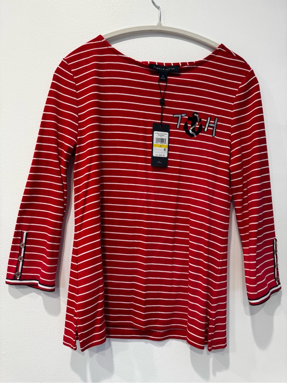 Tommy Hilfiger Red and White Striped Three-Quarter Sleeve Top